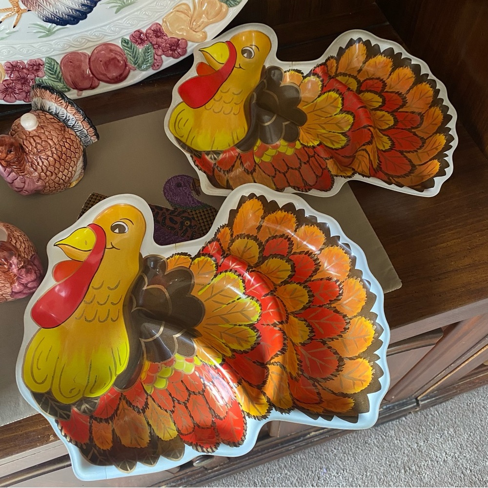 Vintage Plastic Turkey Serving Trays Set of 2 - Thanksgiving Decor Fall Holidays